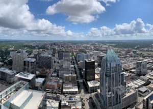 Panoramic view of downtown Austin, Texas. From the 53 floor penthouse suite of the "Austonian" tower.